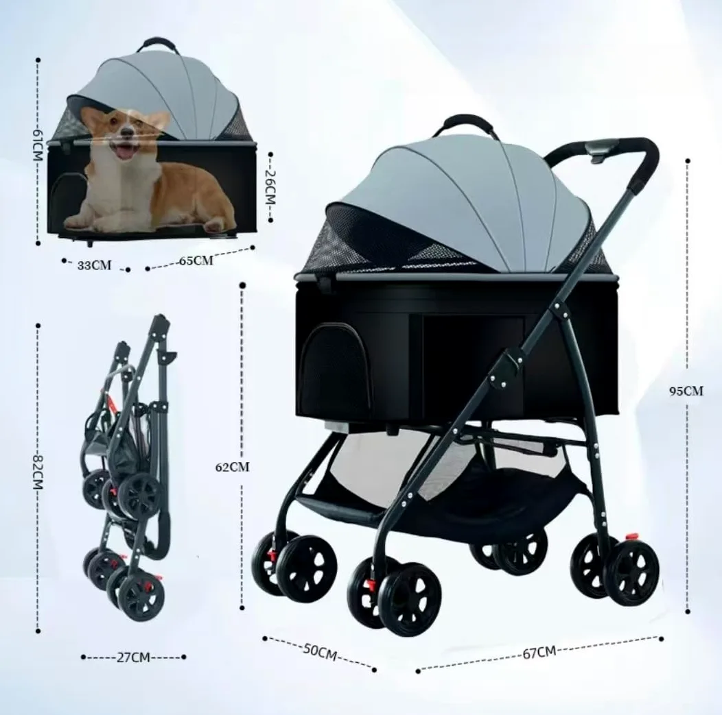 Passeggino da viaggio per animali domestici, pieghevole, per cani e gatti, con cestino portaoggetti e portabicchieri per un comodo viaggio