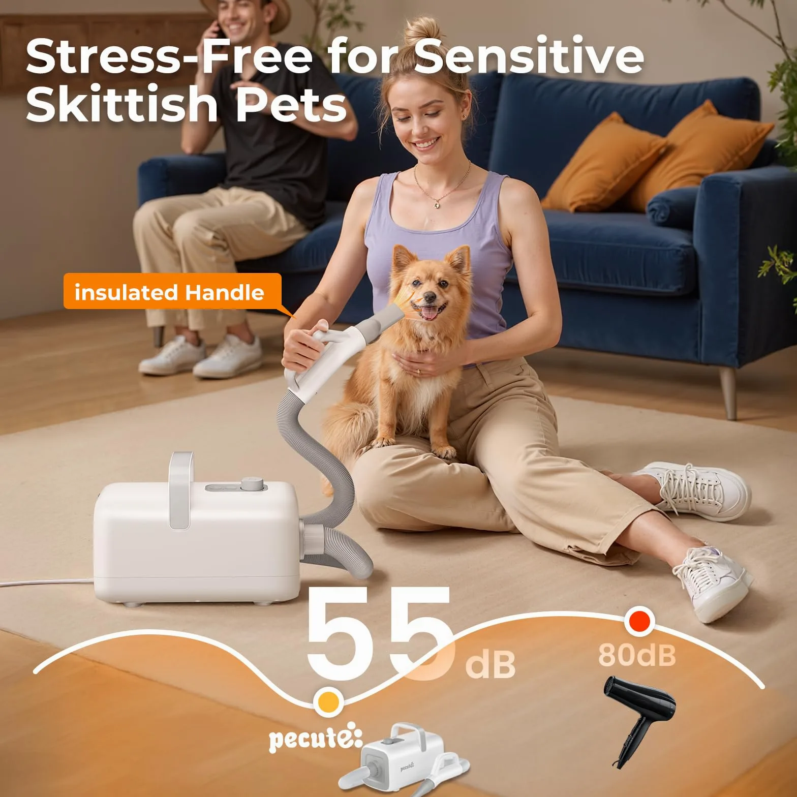 pecute Asciugatore per Cani Blower Molto Silenzioso, Soffiatore per Cani a Velocità Regolabile - con Modalità Caldo/Freddo, Phon Cane con 4 Diversi ugelli, Tubo Elastico e Spazzola la Cura
