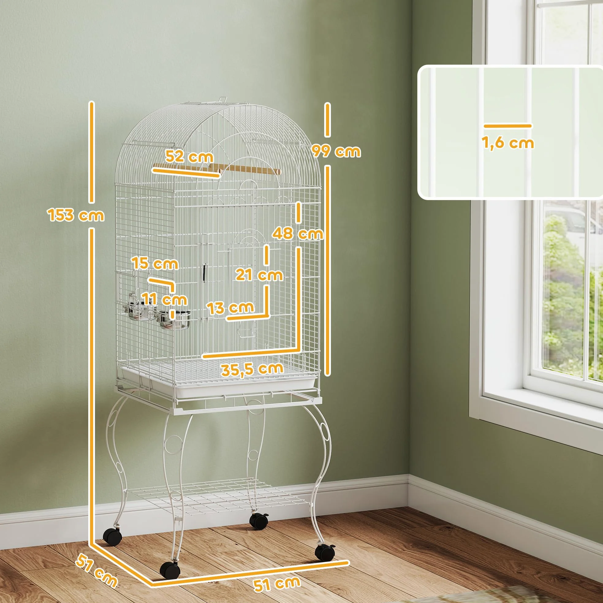 PawHut Gabbia per uccelli con ruote e ripiano, 51x51x153 cm, gabbia grande con parte superiore ribaltabile, 2 mangiatoie, 2 posatoi, 4 porte e vassoio estraibile, per pappagalli e canarini, bianco