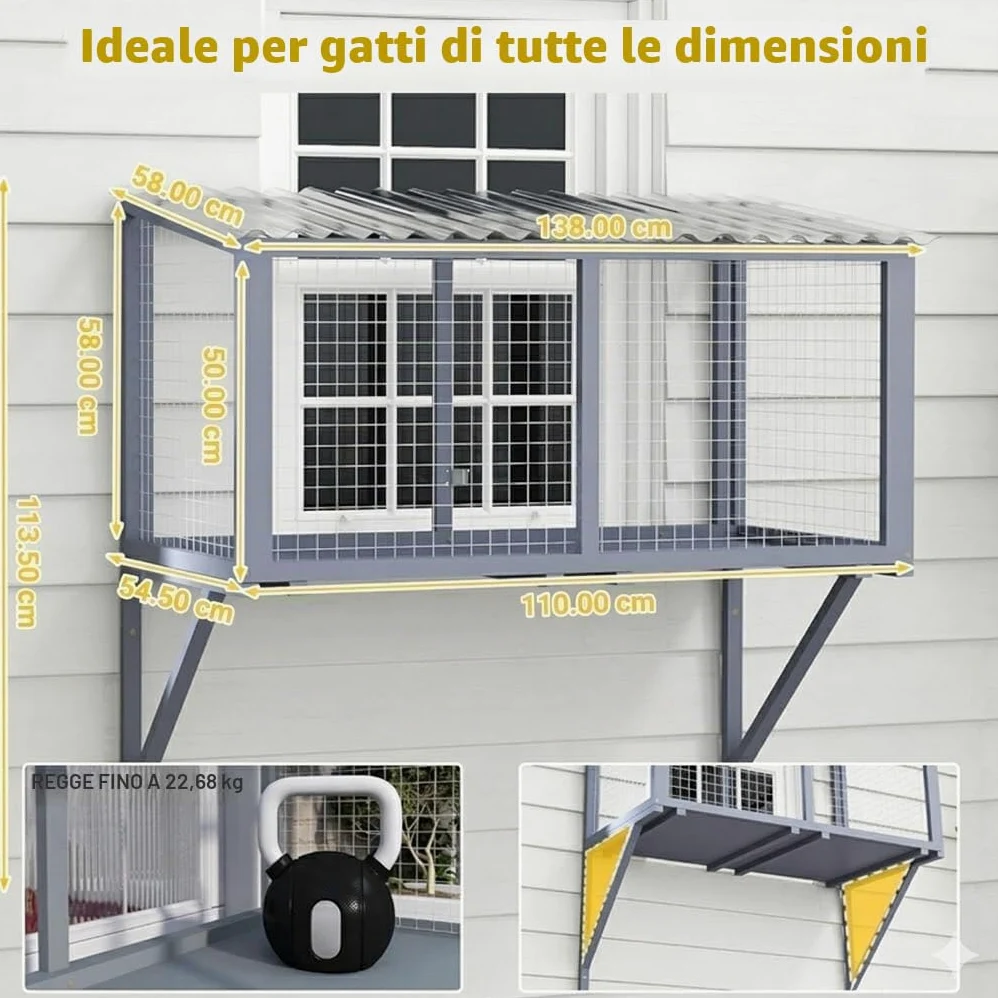 Catio - Finestra per gatti da esterni, in legno, resistente alle intemperie, con rete metallica zincata e tetto in PVC, grande piattaforma di osservazione per gatti, stabile a parete (grigio scuro)
