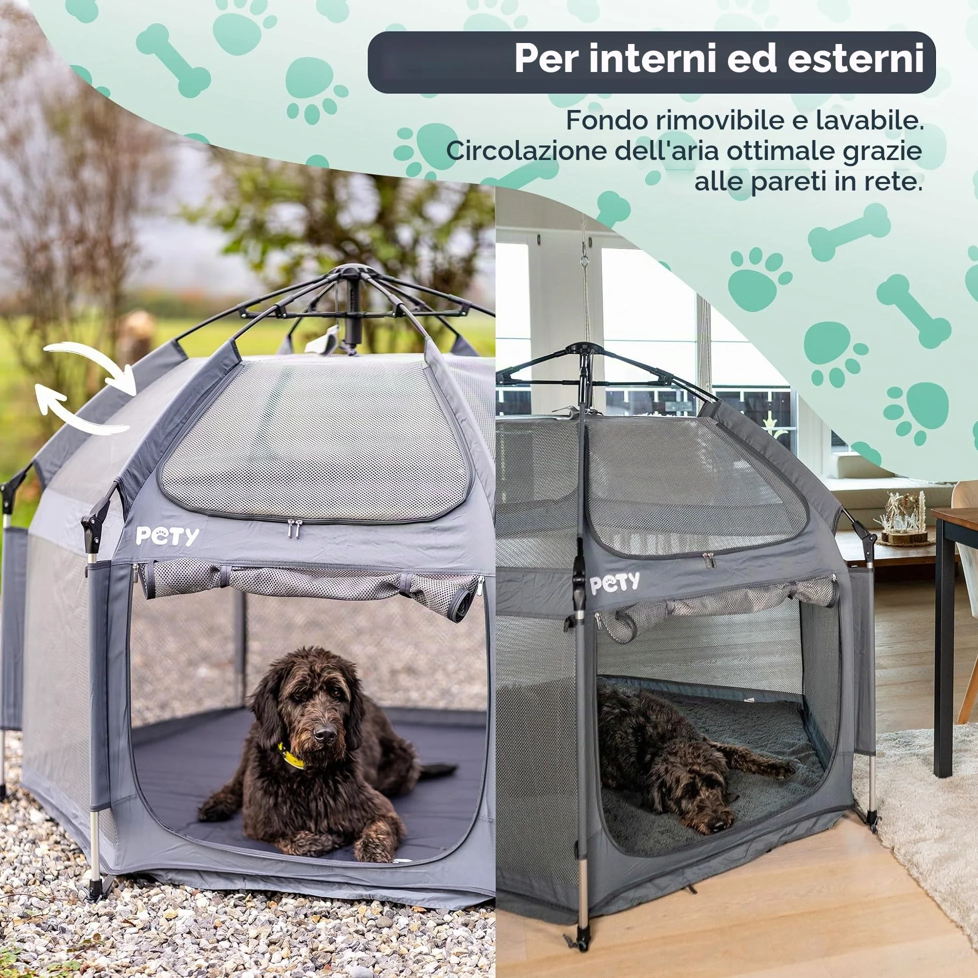 PETY Set box per cani – 150 x 100 cm tenda mobile per cani con borsa per il trasporto, tetto UV e tappetino – recinto per animali domestici e interni – accessori da viaggio per il campeggio –