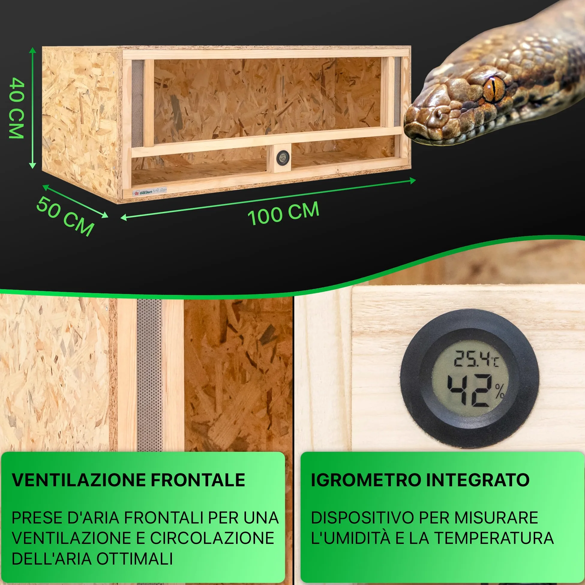 ITA Terrario in legno 100x50x40 cm con ventilazione frontale e igrometro integrato - Terrario in legno OSB-3 - Per rettili, serpenti, anfibi - Prodotto UE, certificato FSC